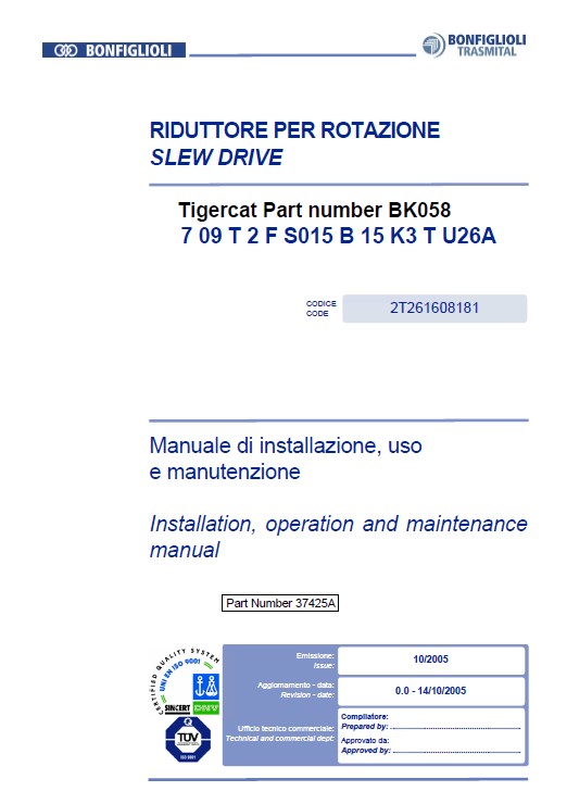 Tigercat Bonfiglioli Slew Drive Installation, Operation, Maintenance Manual PDF